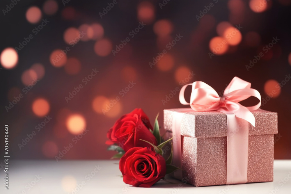 Gift box with ribbon and red roses close up Gift box with ribbon and red roses close up