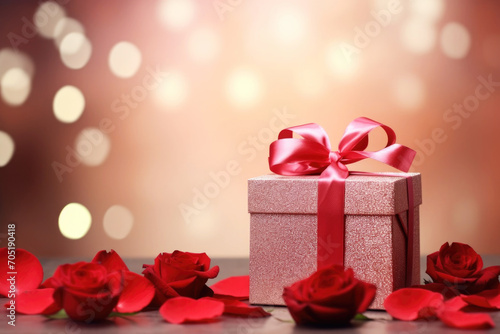 Gift box with ribbon and red roses close up © pilipphoto