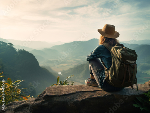 A traveler enjoying a tranquil morning  surrounded by picturesque views  atop a hill.