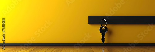 Real estate concept with a key ring and keys on a bright yellow background. 3D rendering photo