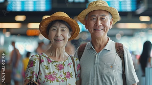 Portrait Asian a mature senior couple at the airport at check-in counter, sharing a smile and a sense of excitement for their journey.