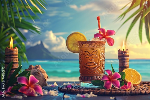 Obraz na płótnie Tropical Tiki Bar Scene with Ocean View
w salonie