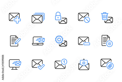 Mailing outline icon set black and blue. Containing mail, email, mailbox, letter, send, receive, post office and envelope icons. Outline icon collection. Vector illustration.