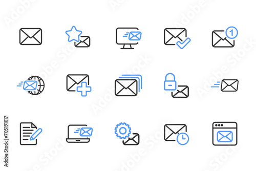 Mailing outline icon set black and blue. Containing mail, email, mailbox, letter, send, receive, post office and envelope icons. Outline icon collection. Vector illustration.