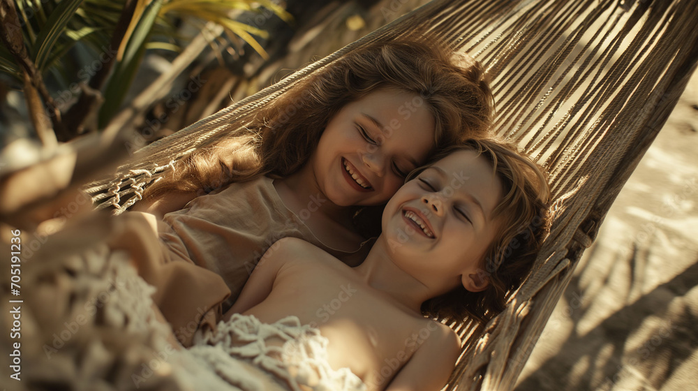 Two siblings lying in a hammock at a tropical island