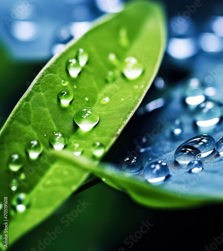 Macro magic with water drops on a green leaf. A stunning stock photo capturing the intricate details and natural beauty of a bush in the morning dew