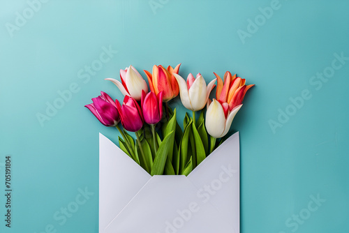 Multicolored tulips peeking from white envelope on light blue background, greeting card template. Envelope with vibrant tulips, spring freshness. Tulip variety in envelope, colorful surprise #705191804
