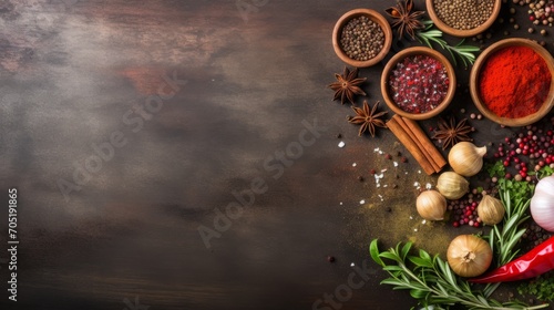Flat lay of the herbs and spices on a background, copy space
