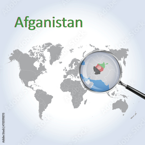 A Magnifying Glass on Afghanistan of the World Map, Zoom Afghanistan map with a gradient background and Afghanistan flag on the map, Vector art