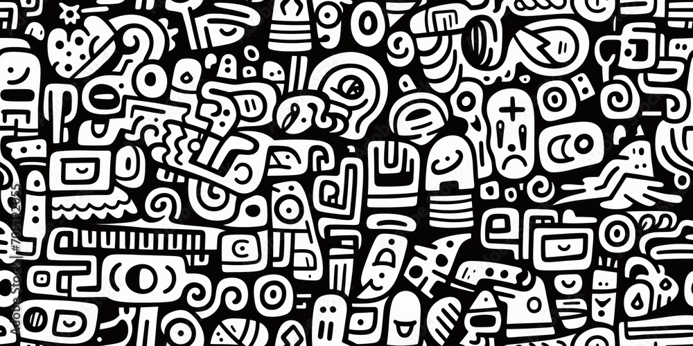 Abstract doodle seamless pattern background, black and white.