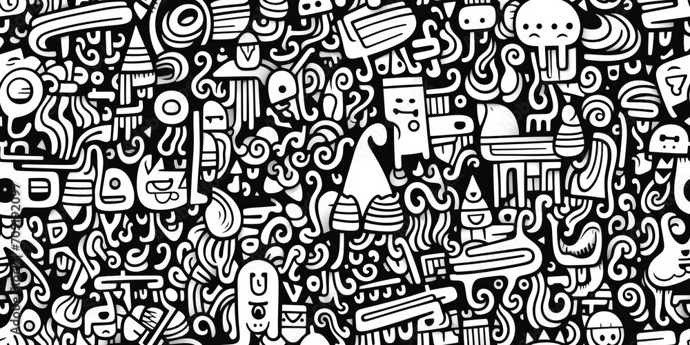 Abstract doodle seamless pattern background, black and white.