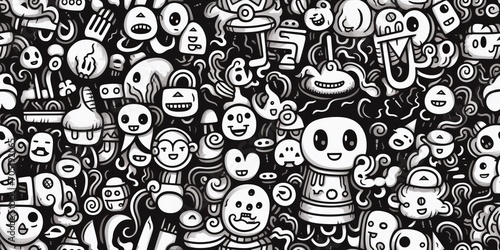 Monsters doodle seamless pattern background, black and white.