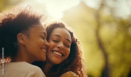 Hug of African American women in a park with natural light background