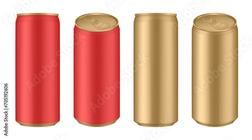 Set of red and gold tin cans of energy drink, juice or soda. Cocktail or fitness drink. Cold beverages. Can top view	