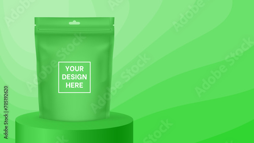 Zip bag or pouch mockup on a neon green abstract background. Wavy pattern and gradient shades, dynamic curve shape. Vector illustration with editable colors. Product display. Foil bag, plastic sachet