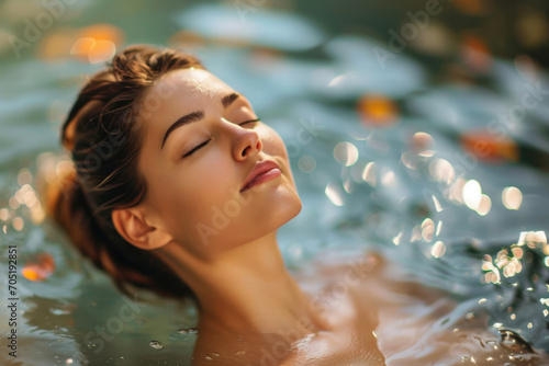 Girl relaxing in a spa with candles burning next to the pool