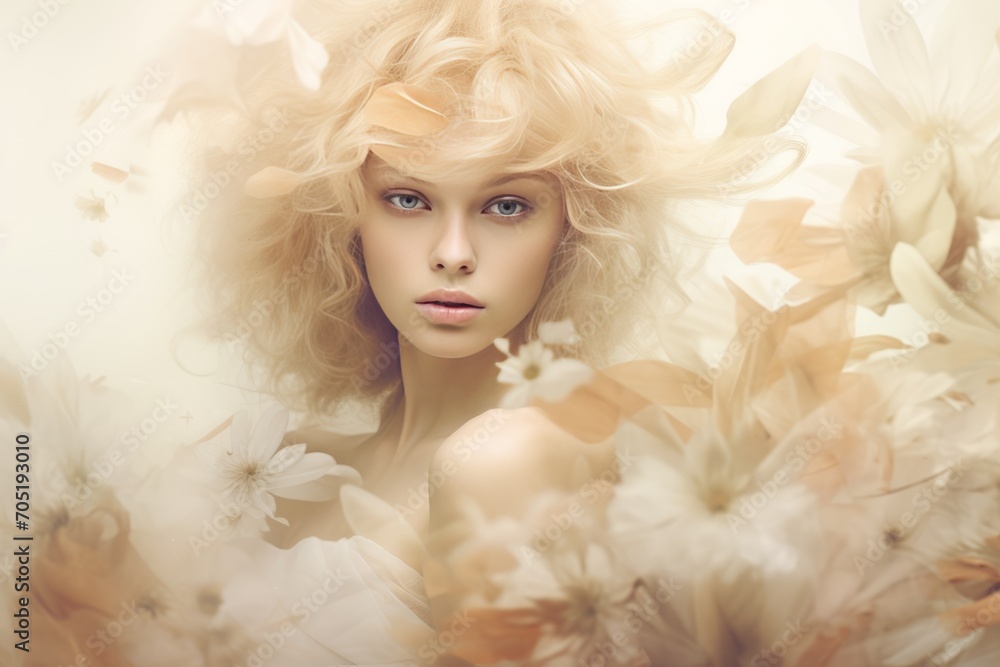 abstract portrait of a girl with beige flowers, double exposure. The concept of natural beauty and romance