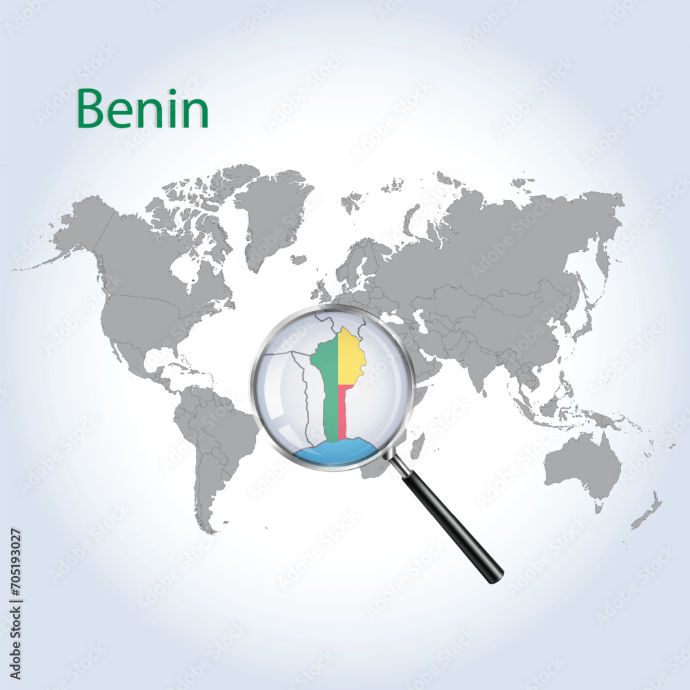 Magnified map Benin with the flag of Benin enlargement of maps, Vector Art Magnified map Benin with the flag of Benin enlargement of maps, Vector Art