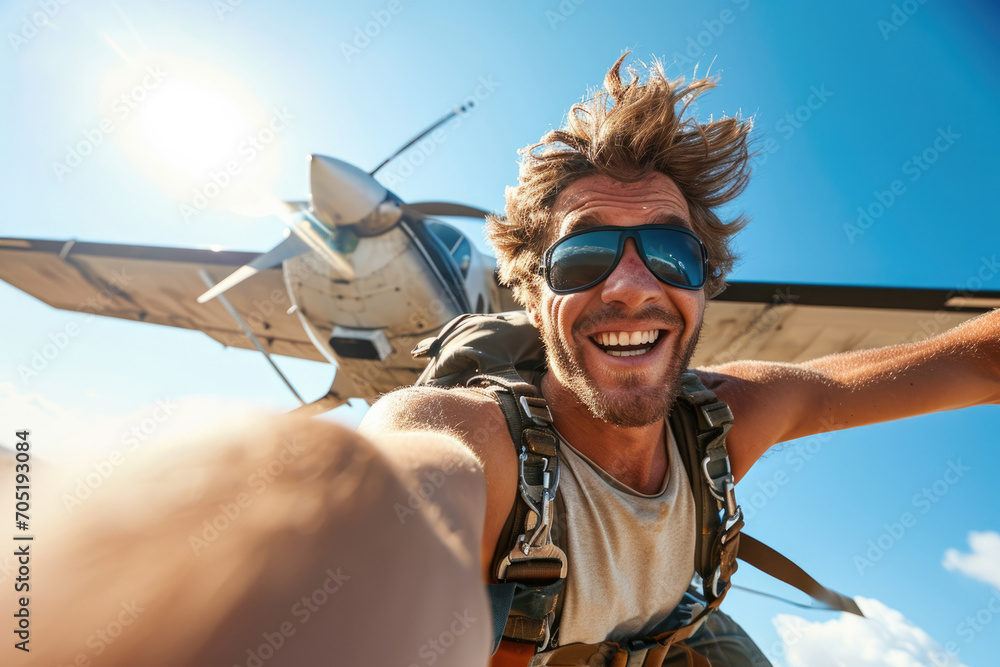 Happy man jumped from the plane with a parachute smiles and gets adrenaline in the sky - obrazy, fototapety, plakaty 