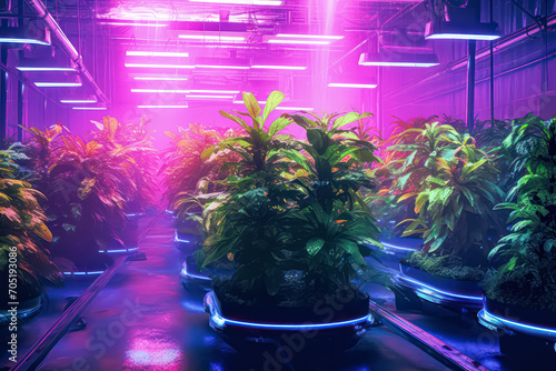 Growing vegetables in closed greenhouses with ultraviolet lighting. A stock photo capturing the modern approach to controlled and efficient agriculture