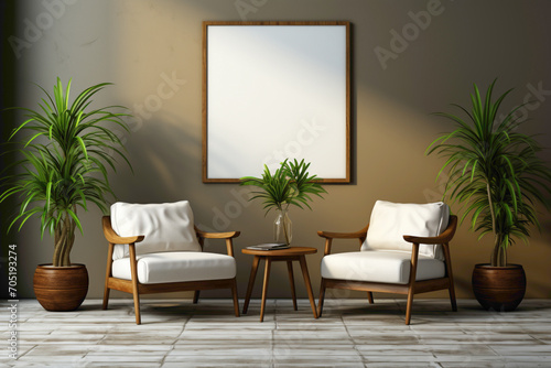 Two chairs and a table with a cute little plant, perfectly arranged against a simple solid wall with a blank empty white frame, creating a cozy corner for relaxation. © Danish