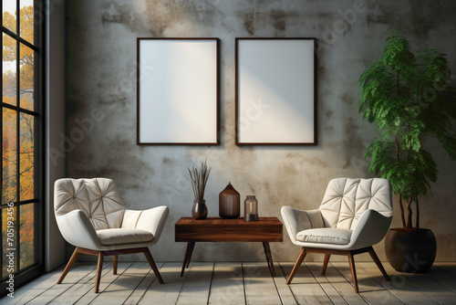 Two elegantly simple chairs and a table against a solid wall, with a blank empty white frame offering a perfect canvas for your custom text or branding. © Danish