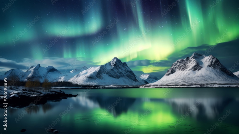 Northern lights on the lake in the mountains Northern lights on the lake in the mountains