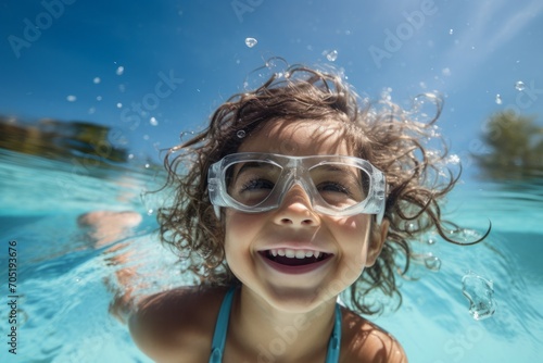 A little girl is swimming in the pool wearing goggles for swimming. portrait of a child. water treatments, a kind of sport.