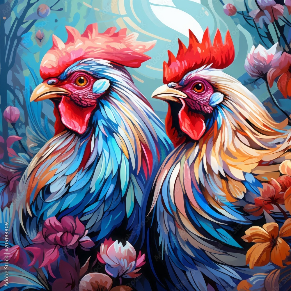 two roosters, close-up portrait, poultry. color illustration. a colorful domestic bird.