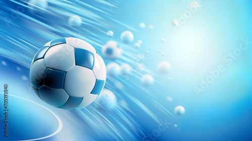 It depicts a classic blue and white soccer ball in motion on a dynamic blue abstract background with light stripes and bubbles suggesting speed and energy with copy space. Sports concept.AI generated.