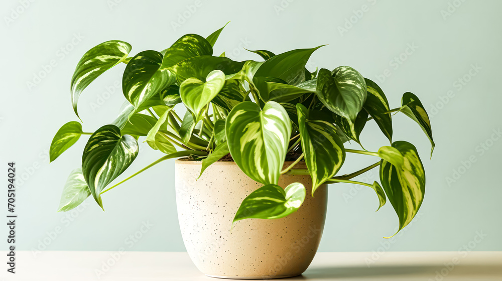 Tropical charm with Scindapsus plant in a clay pot at home. A stock photo capturing the decorative elegance of indoor greenery in a stylish setting Tropical charm with Scindapsus plant in a clay pot at home. A stock photo capturing the decorative elegance of indoor greenery in a stylish setting