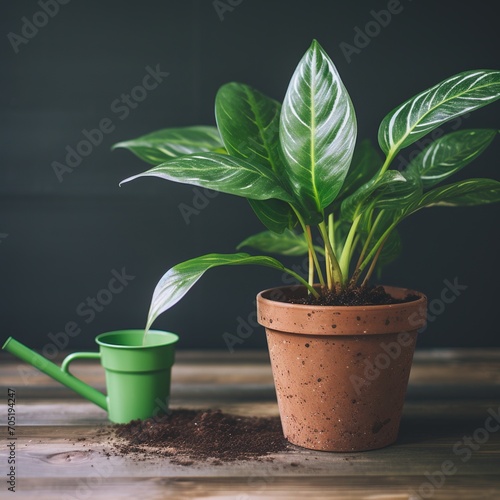 Alocasia houseplant in a brown flowerpot on a wooden table photo