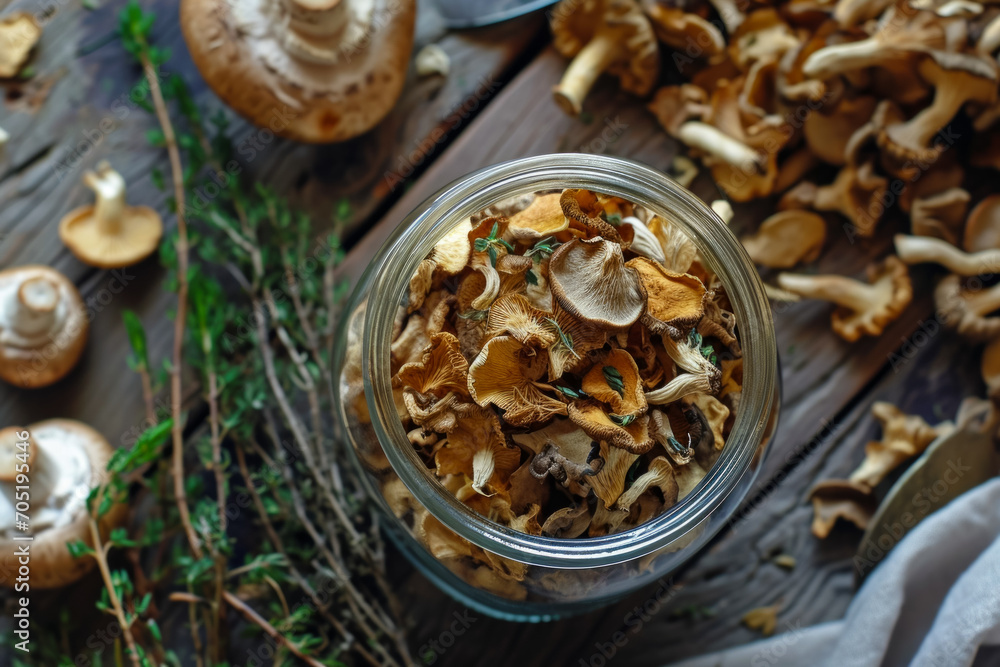 Jar for storing dried mushrooms. Background with selective focus and copy space Jar for storing dried mushrooms. Background with selective focus and copy space