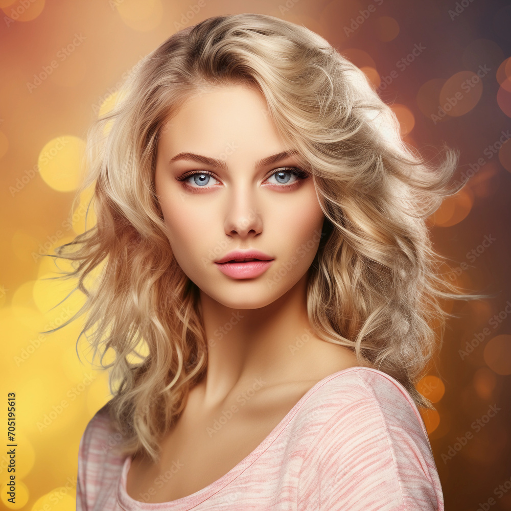 portrait of young pretty woman natural beauty blond hairstyle on background 