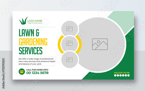 Lawn Mower Garden or Landscaping Service youtube  thumbnail and web banner template design | grass, equipment, gardener
