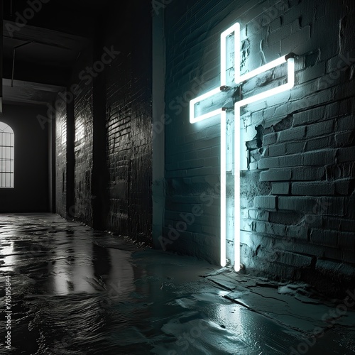 Iglesia con una cruz en el interior, de luz neón blanca, pasillo lúgubre, oscuro, en tonos grises, sensación de humedad, agua, testigo o símbolo religioso