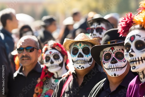 People take part in the celebration of the Dia de los Muertos. Day of the dead parade. The Day of the Dead is one of the most popular holidays in Mexico. Unidentified participant on a carnival of the  photo