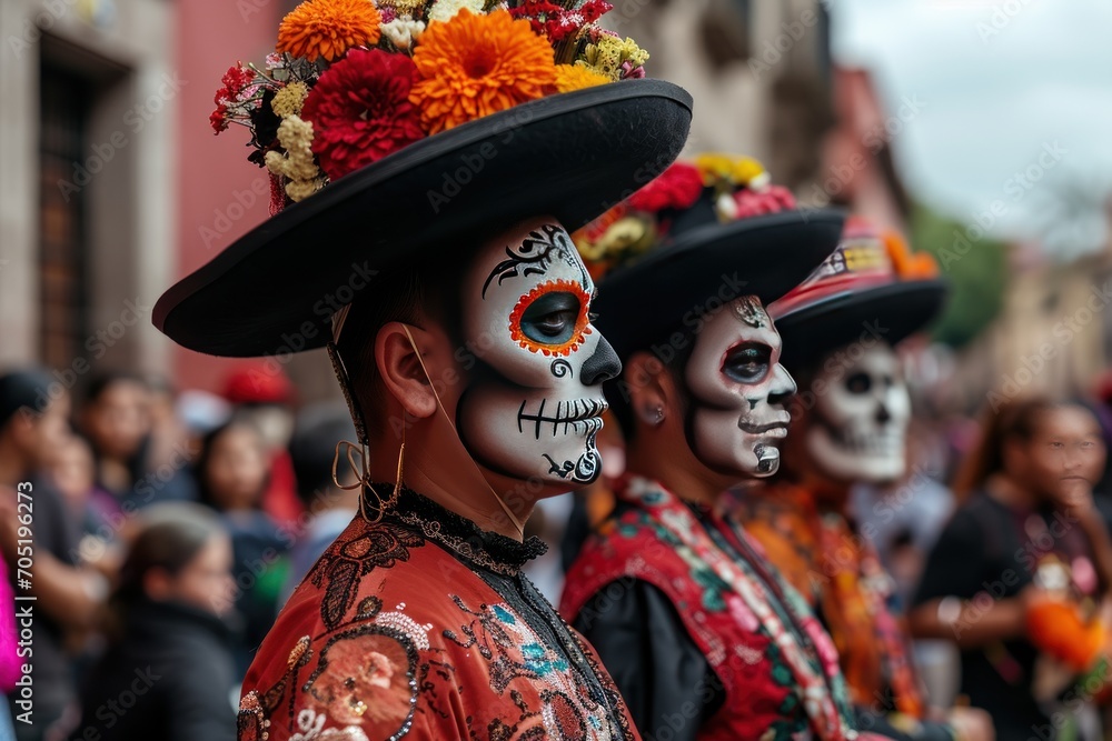 Unidentified participants on a carnival of the Day of the Dead. The Day of the Dead. Dia de los Muertos. Mexican Holiday.  