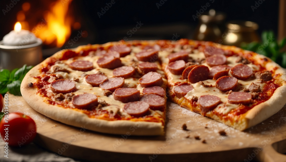 Delicious meat pizza with sausages. Sliced pizza