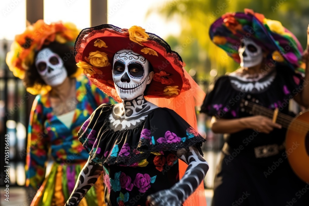 Unidentified participants on a carnival of the Day of the Dead. The Day of the Dead. Dia de los Muertos. Mexican Holiday. People take part in the celebration of the Dia de los Muertos. 