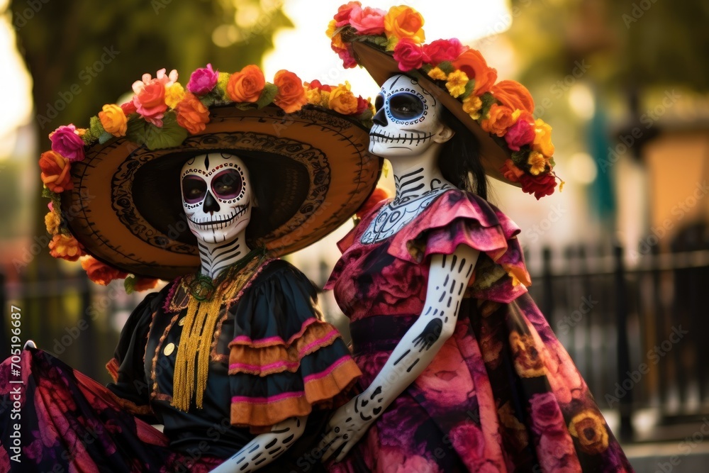 People take part in the celebration of the Dia de los Muertos. Day of the dead parade. The Day of the Dead is one of the most popular holidays in Mexico. Unidentified participant on a carnival of the 