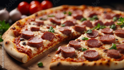 Delicious meat pizza with sausages. Sliced pizza. Soft focus