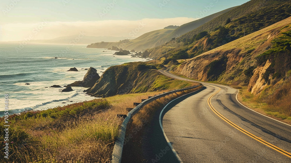 Cinematic Road Trips: Capture landscapes along iconic road trip routes, such as the Pacific Coast Highway or the Route 66. Include winding roads and vast expanses. Generative AI