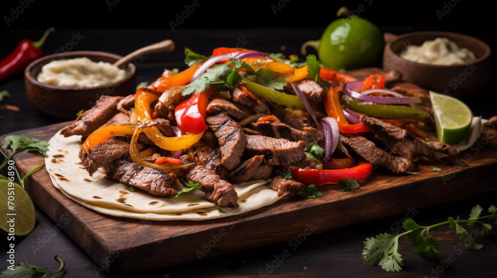 Steak fajitas with tortilla and veggies on a board 