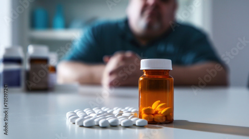 Semaglutide Weight Loss Drugs. Weight Loss Medication and Obesity Concept. Table with anti-obesity pills with the blurred figure of an overweight person in the background photo