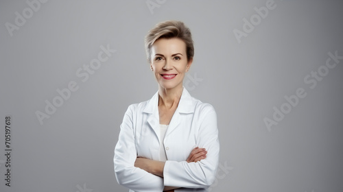 A mature female doctor with a warm and confident smile stands with her arms crossed isolated on grey, representing the assured and comforting presence that experienced healthcare professionals provide
