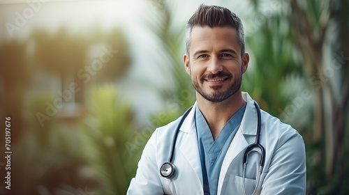 A young male doctor with a friendly demeanor stands confidently outdoors, stethoscope around his neck, suggesting a theme of accessible healthcare and professional trust photo
