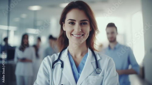 Female healthcare professional is standing confidently. The focus on the individual against the blurred background of colleagues emphasizes her as the subject of the image, theme of medical leadership