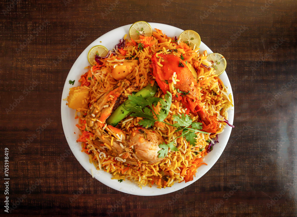 Spicy chicken biryani with potato and lemon slice served in plate isolated wooden background top view indian spices and pakistani food Spicy chicken biryani with potato and lemon slice served in plate isolated wooden background top view indian spices and pakistani food