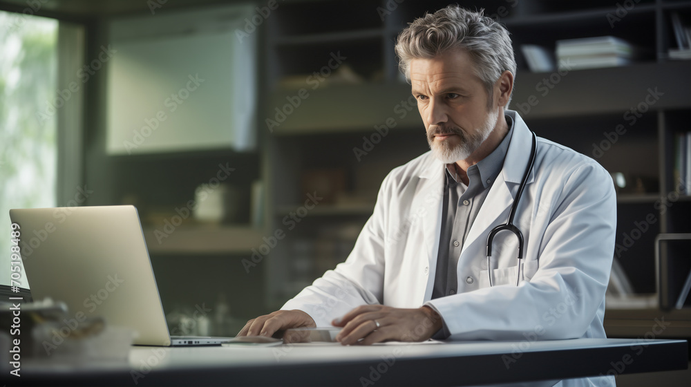Immersed in concentration, a doctor using a laptop computer in a quiet office, highlighting the integration of technology in modern medical diagnostics and patient care Immersed in concentration, a doctor using a laptop computer in a quiet office, highlighting the integration of technology in modern medical diagnostics and patient care